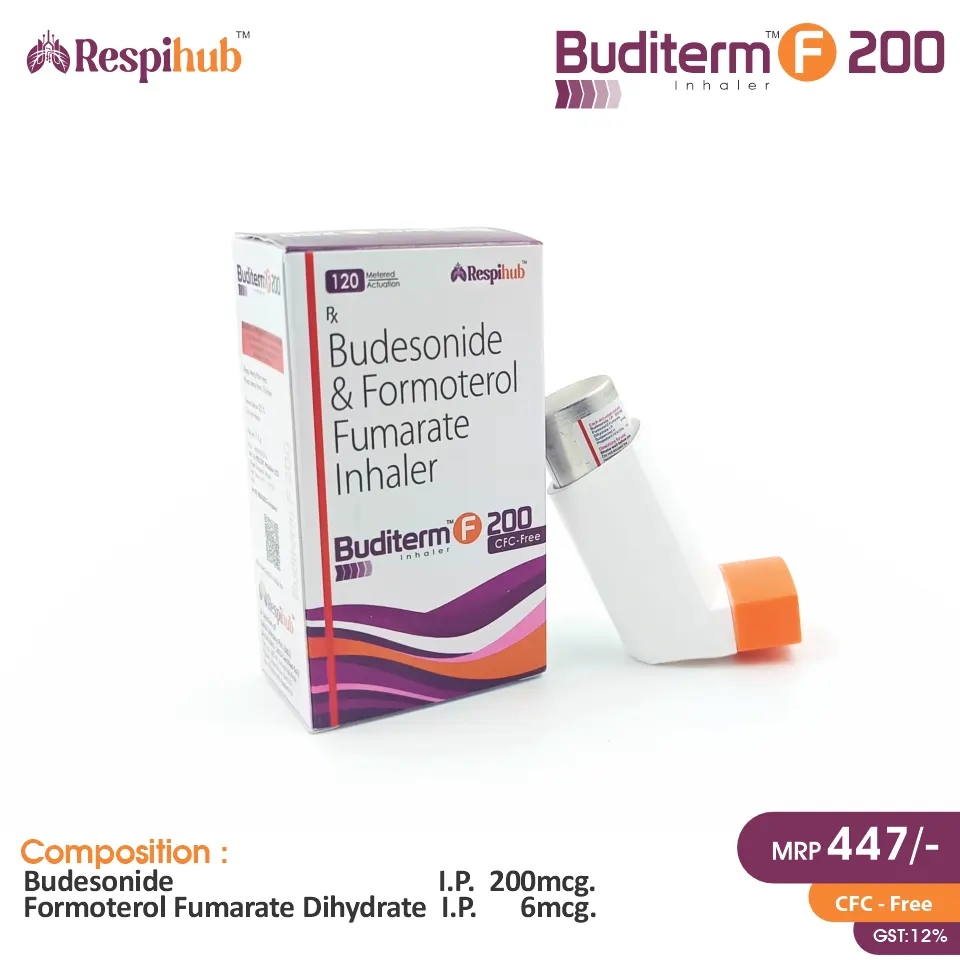 Buditerm F 200 Inhaler with Formoterol 6mcg + Budesonide 200mcg at Best Price in PCD Pharmacia Franchise for Bronchodilator/Corticosteroid and Asthma Treatment